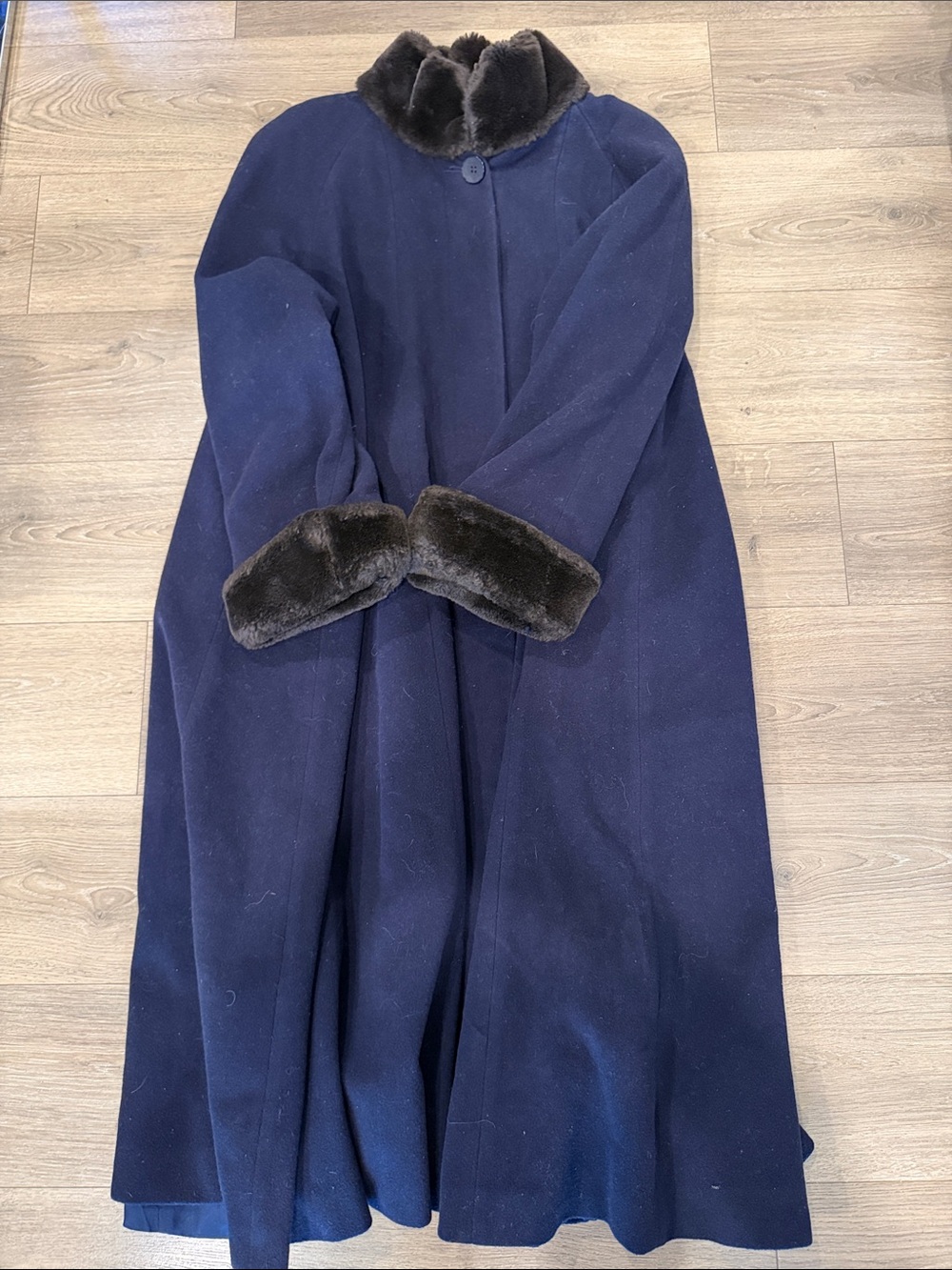Women’s Navy Wool Coat with Faux Fur Trim